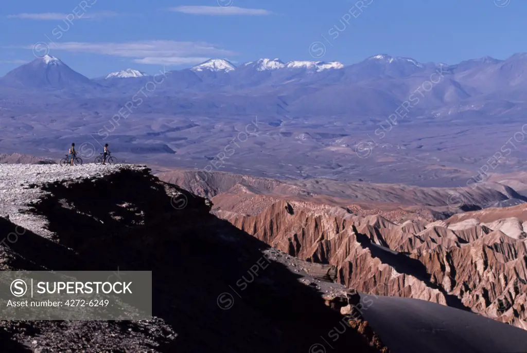 Looking out over the Salt Mountains from Las Cornicas ridge while mountain biking in the Atacama Desert