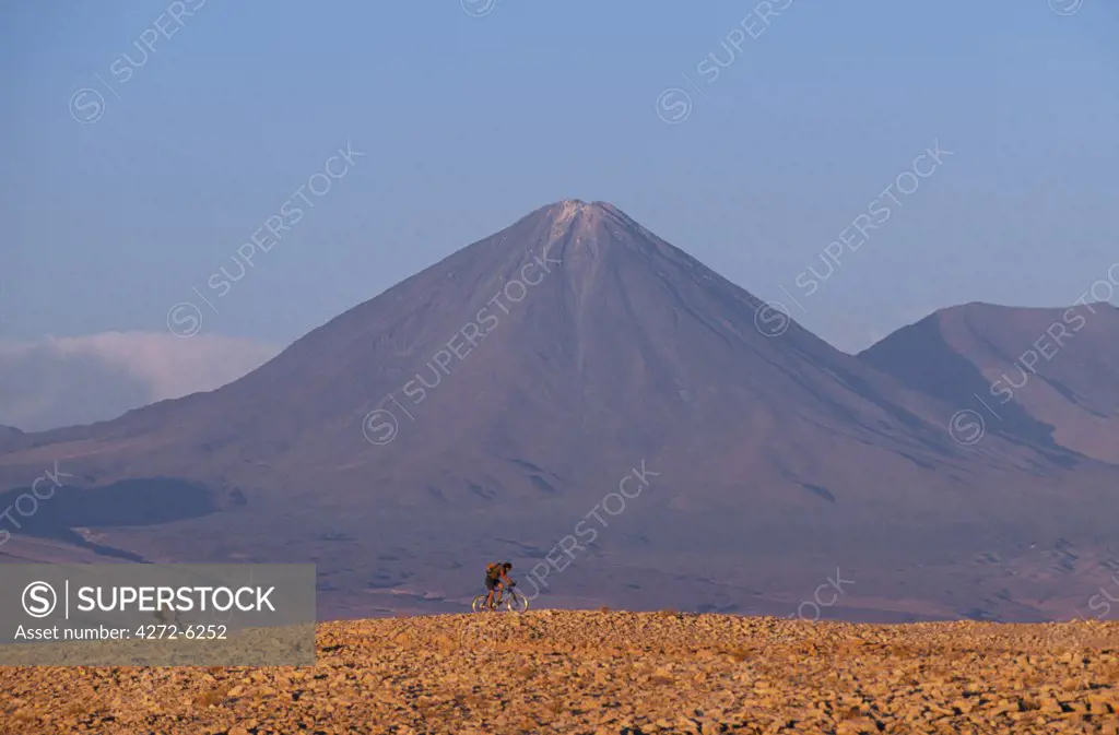 Mountain biking in the Atacama Desert against a backdrop of the perfect cone of Volcan Licancabur 5916 m