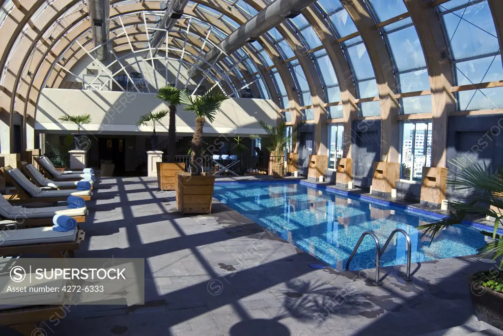 Chile, Santiago. Spa, gym and pool on top floor of the Ritz-Carlton Hotel.