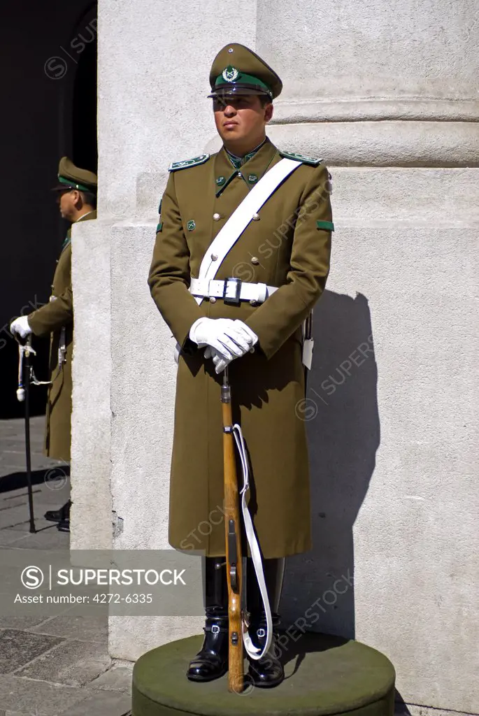 Chile, Santiago. Guard at the presidential palace.