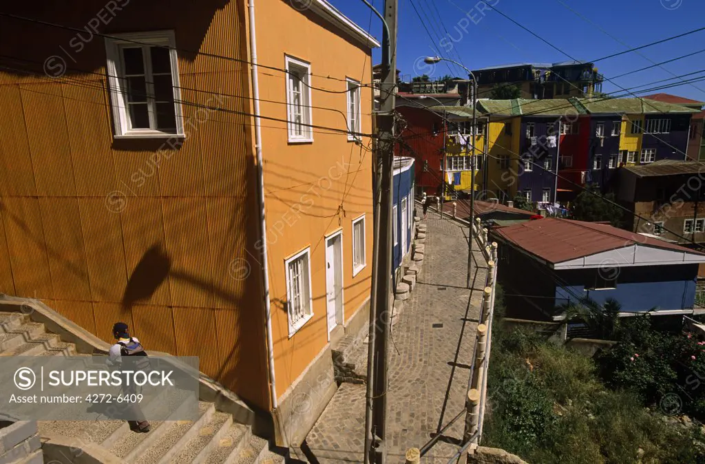 Houses on Cerro Alegre, Valparaiso, Region V, Central Chile.