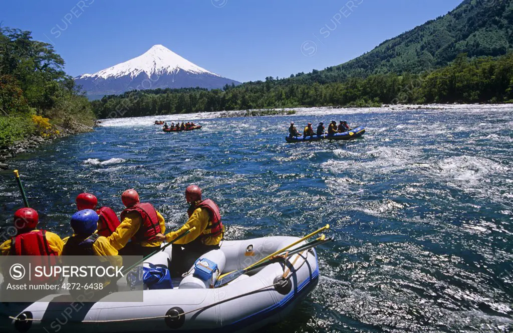 Chile, Region X. White water rafting on the Petrohue River, Chilean Lake District, Los Lagos, Southern Chile.