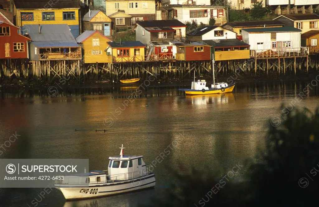 Chile, Region X. Traditional shingled houses, Palifitos, Castro, Island of Chiloe, Southern Chile.
