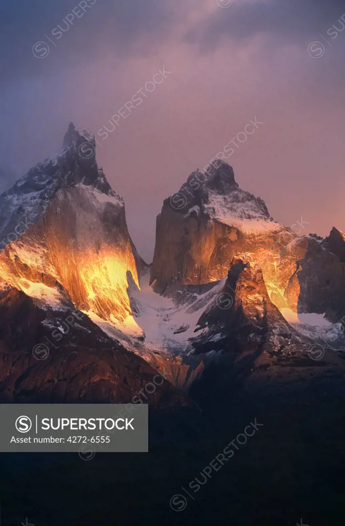 Chile, Torres del Paine National Park. Sunrise on the peaks of Los Cuernos.