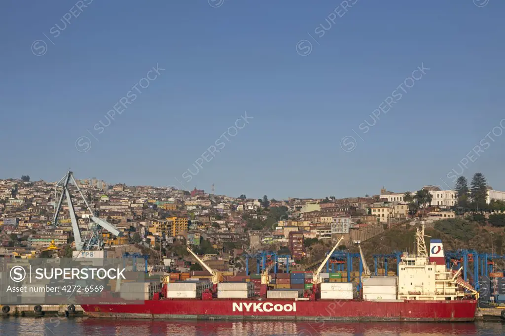 Chile, Port of Valparisio.   The bustling dockside of Chiles main trading port in early morning light.