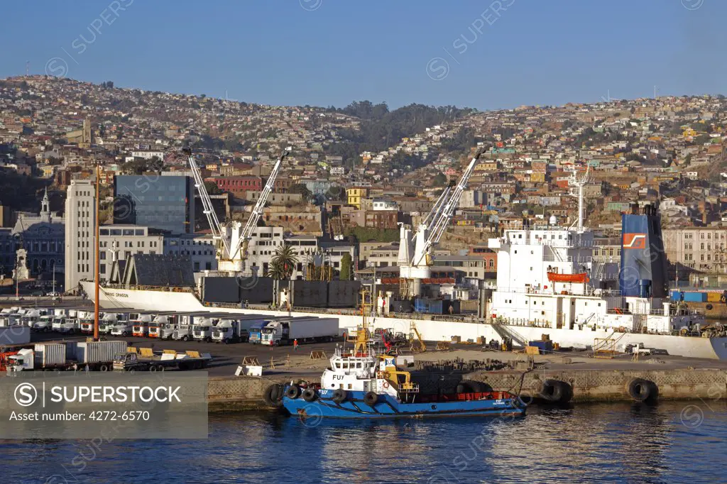 Chile, Port of Valparisio.   The bustling odckside of Chiles main trading port in early morning light.