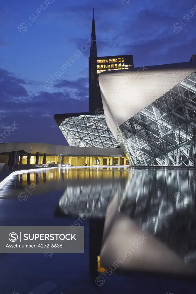 Opera House at dusk, Zhujiang New Town area, Guangzhou, Guangdong, China