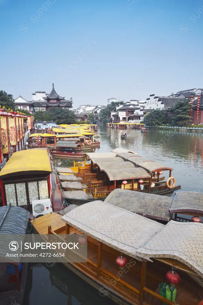 Tourists boats on canal, Fuzi Miao area, Nanjing, Jiangsu, China