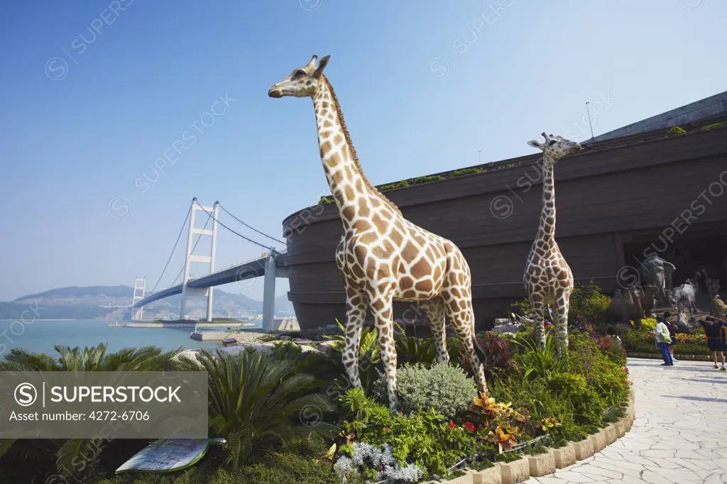 Noah's Ark (full size replica) with Tsing Ma bridge in background, Ma Wan, Hong Kong, China