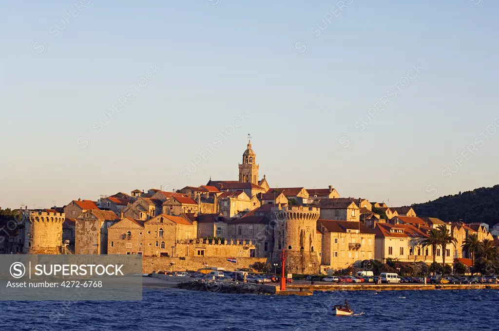 Dalmatia Coast Korcula Island Seafront Harbour View of Medieval Old Town and City Walls