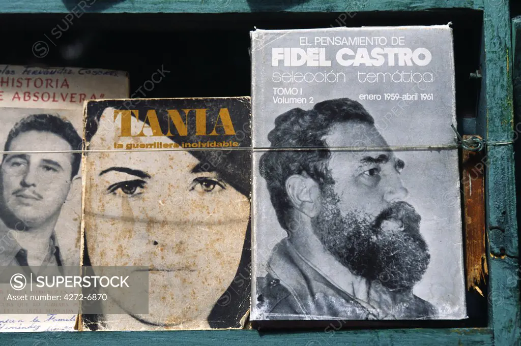 Bookstand featuring communist revolutionary literature in  Plaza des Armes, Havana Viejo, Old Havana World Heritage Area, Cuba