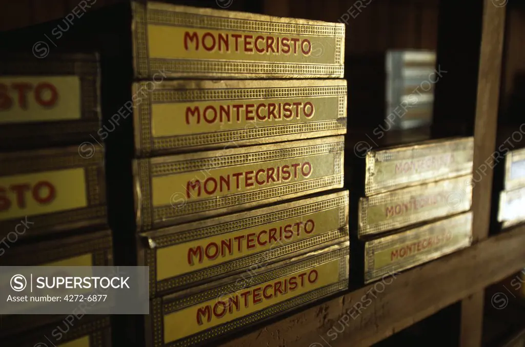 Boxes of Montecristo Cigars stacked in humidor, Havana Viejo, Old Havana World Heritage Area