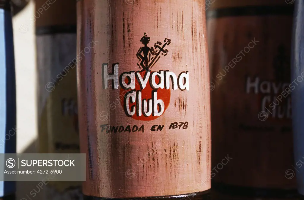Havana Club logo drums in the street market of the World Heritage Town of Trinidad, Eastern Cuba