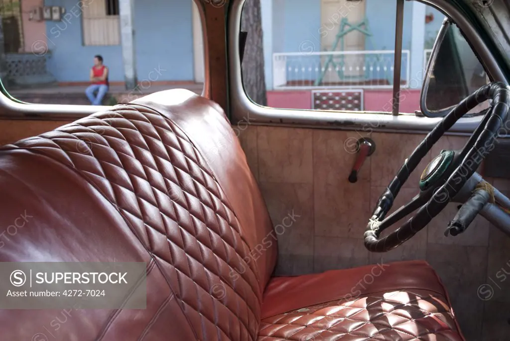 Cuba, Vinales. 1950's American car interior in the centre of Vinales