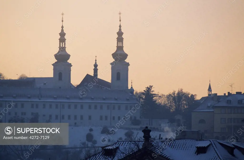 View of the Strahov Monastery in Hradcany. Founded in 1140 by an austere religious order, the Pre monstratensians, Srahov rivalled the seat of the Czech sovereign in size. Destroyed by fire in 1258, it was rebuilt in a Gothic style, with later Baroque additions. It has a famous library which is over 800 years old and is still one of the finest in Bohemia.