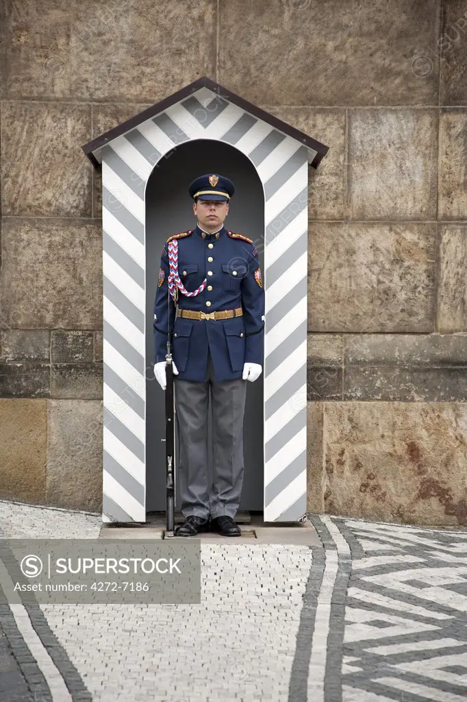 Czech Republic, Prague. A guard on duty outside the main gates of Prague Castle.