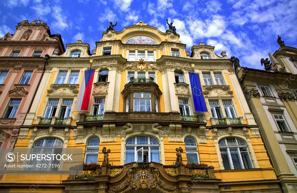 Czech Republic, Prague; A official building stood behind the Jan Hus monument, Stare Mesto Square