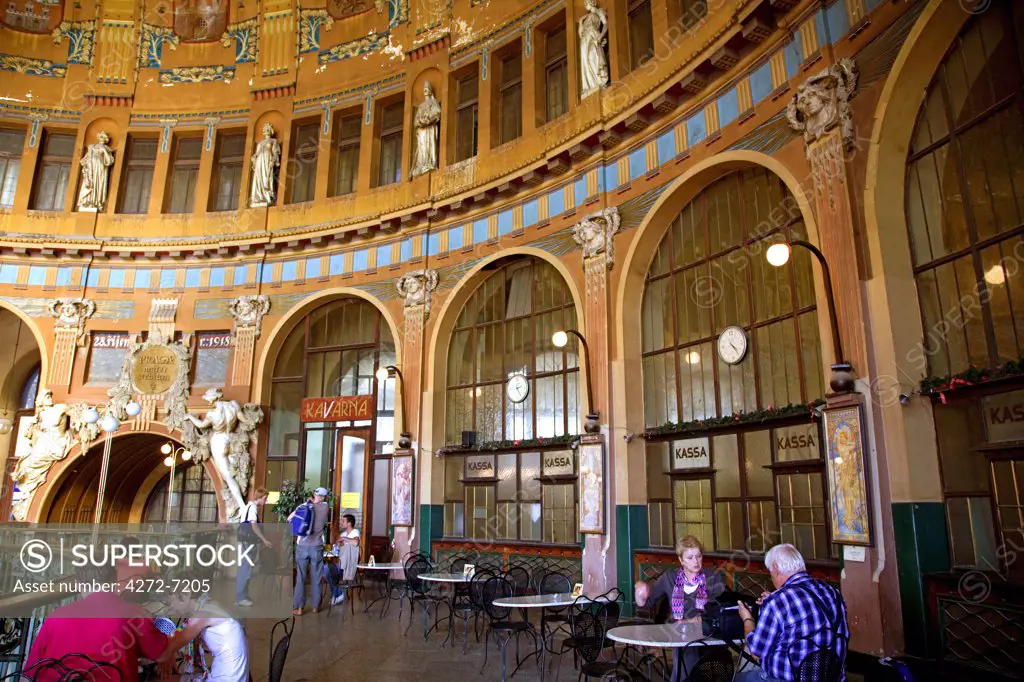 Czech Republic, Prague; Inside the Art Nouveaux decorated train station at Hlavni Nadrazi