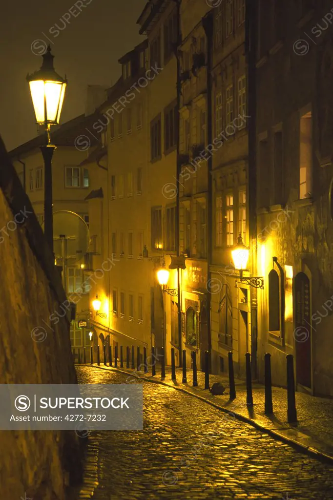 Night time street scene in The Little Quarter, Prague, Czech Republic.