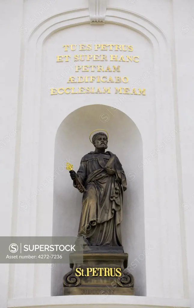 Czech Republic, Prague, Europe; A statue of St.Peter part of the ornament on a facade of a church in the old town