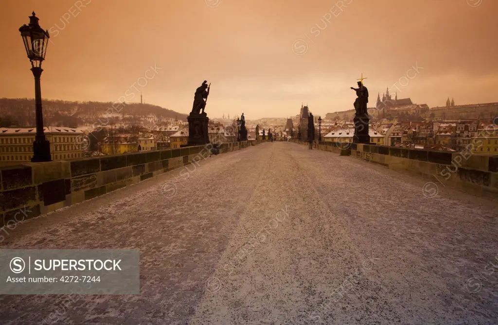 Czech Republic, Prague, Europe; Early morning winter on Charles Bridge