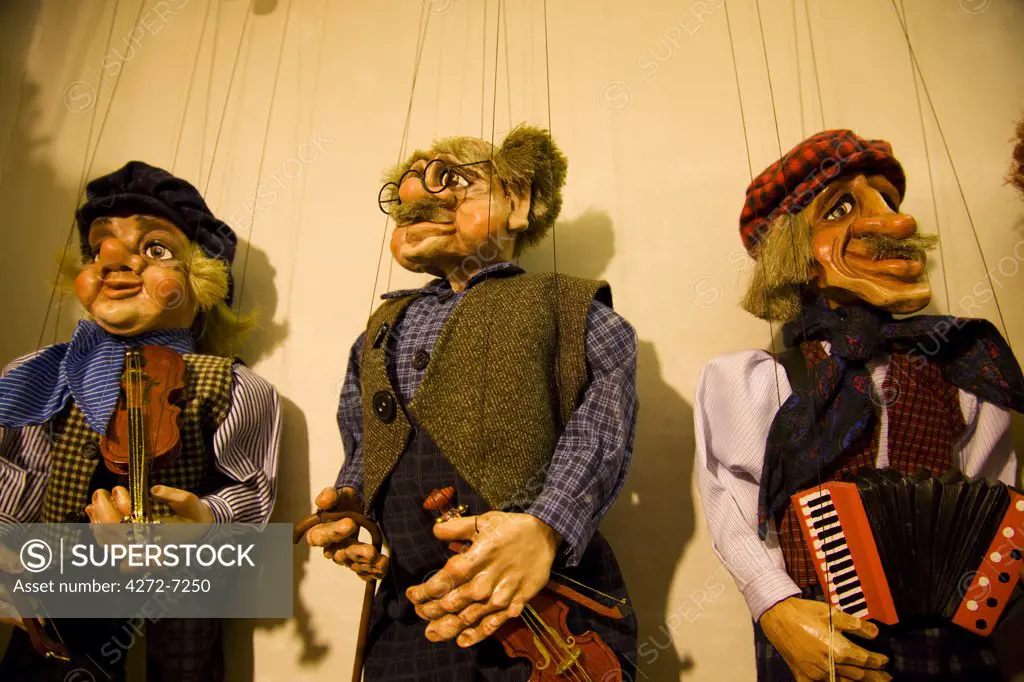 Czech Republic, Prague, Europe; Marionette musicians from Czech folklore