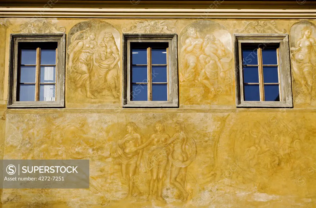 Czech Republic, Prague, Europe; A frescoed wall on one of the facades in the old town