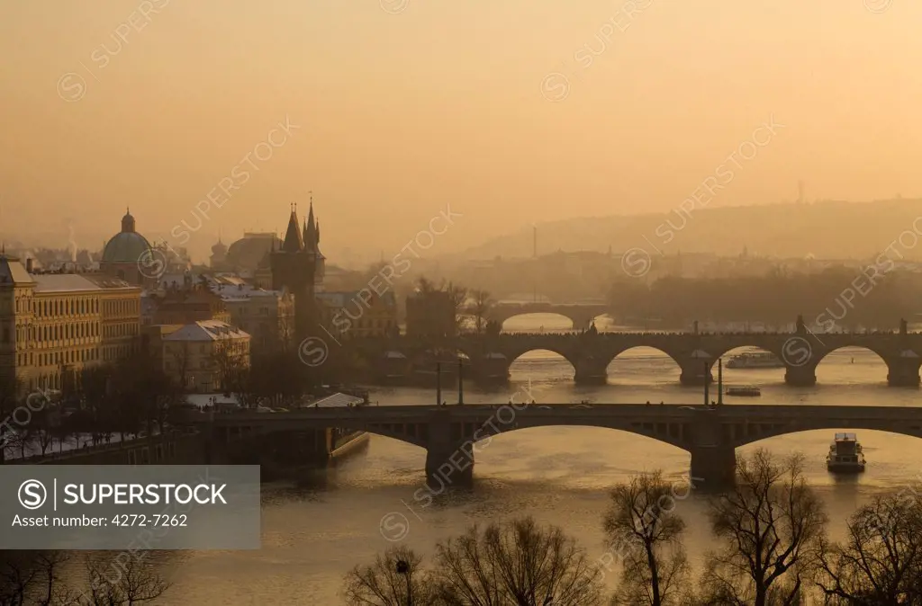 Czech Republic, Prague, Europe; Cityscape with bridges crossing the river Vltava