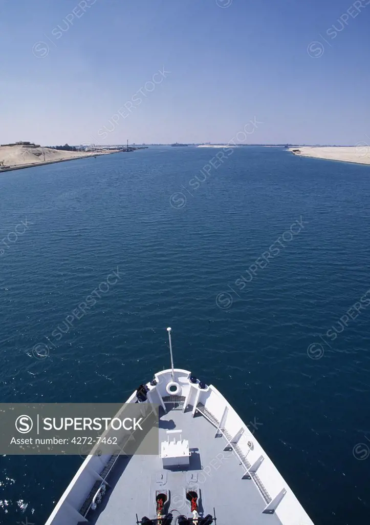 Bow of ship heading north up the Suez Canal