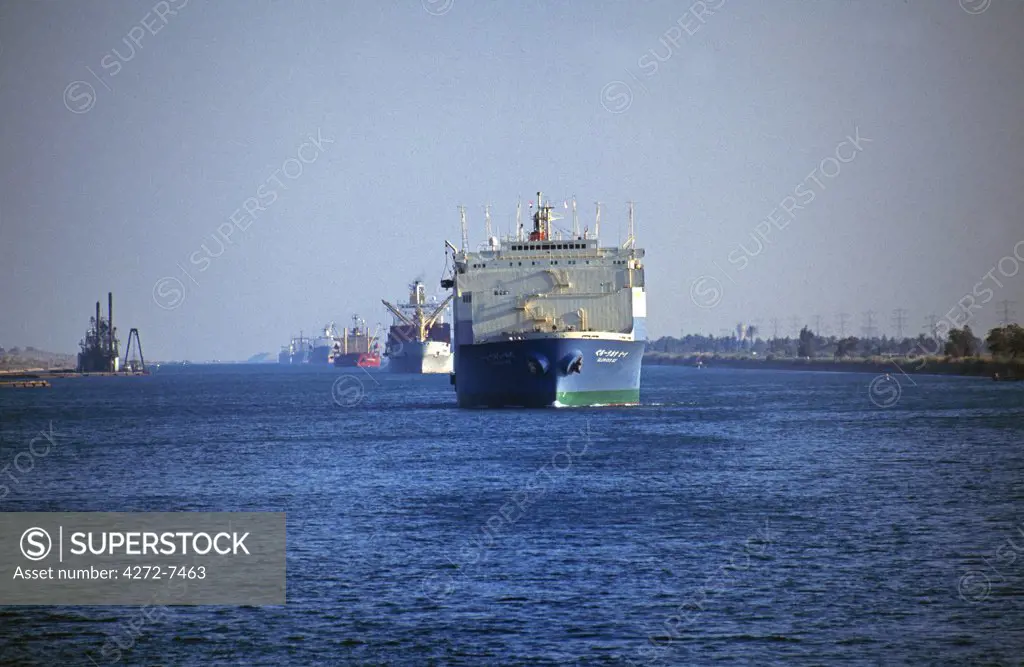 Northbound ship convoy in the Suez Canal.