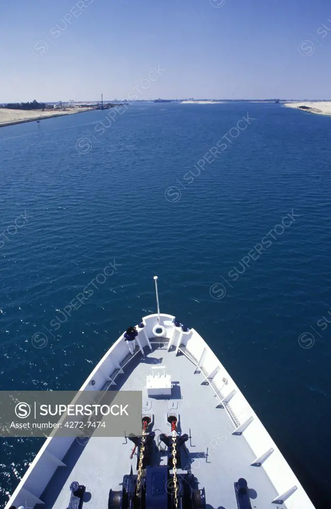 Bow of ship pointing up the Suez Canal.