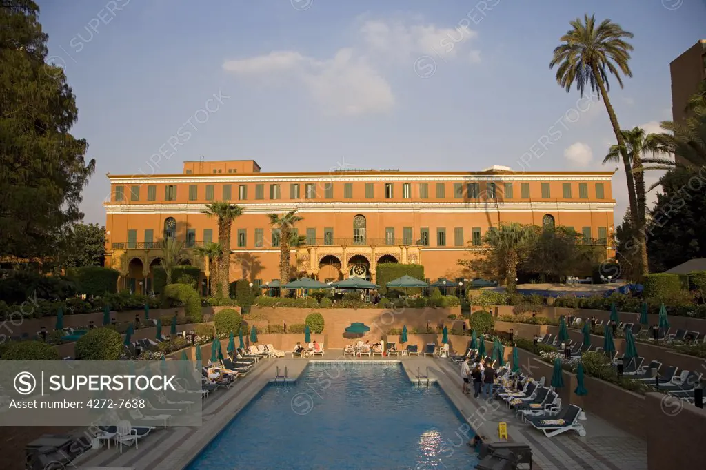 The luxurious Marriott Hotel in Cairo. Standing in the fashionable district of Zamalek, it is built around the lavish 19th century Gezira Palace, built for the opening of the Suez Canal.