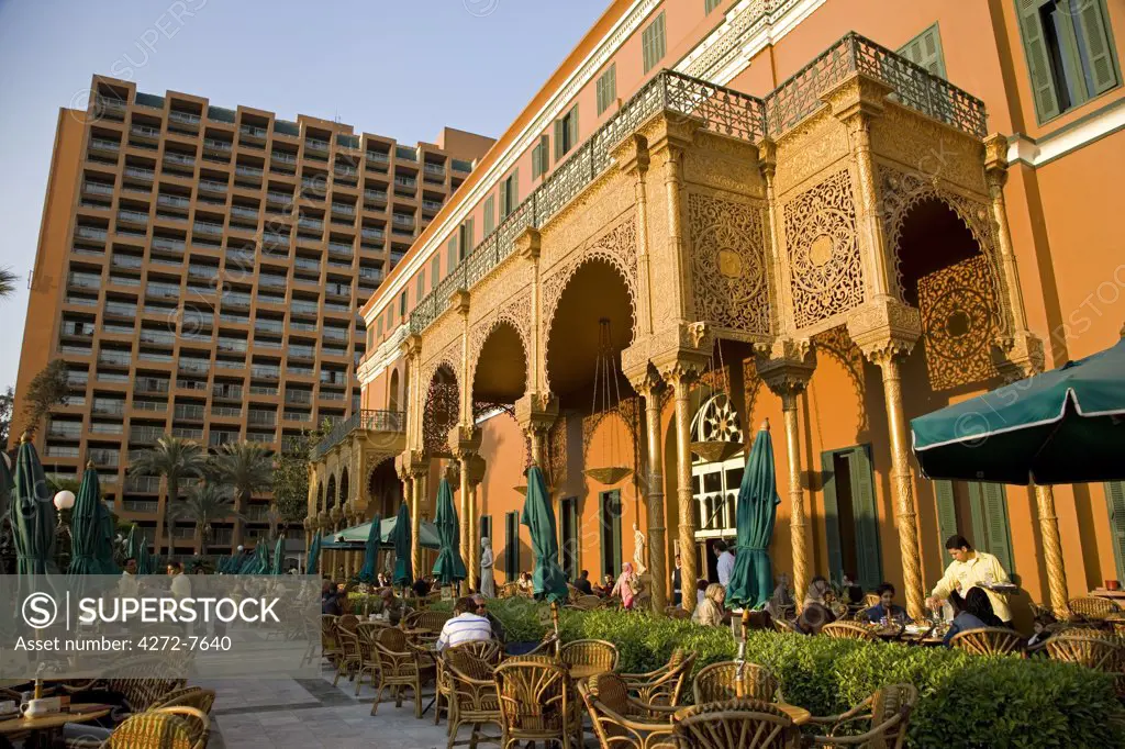 The luxurious Marriott Hotel in Cairo. Standing in the fashionable district of Zamalek, it is built around the lavish 19th century Gezira Palace, built for the opening of the Suez Canal.