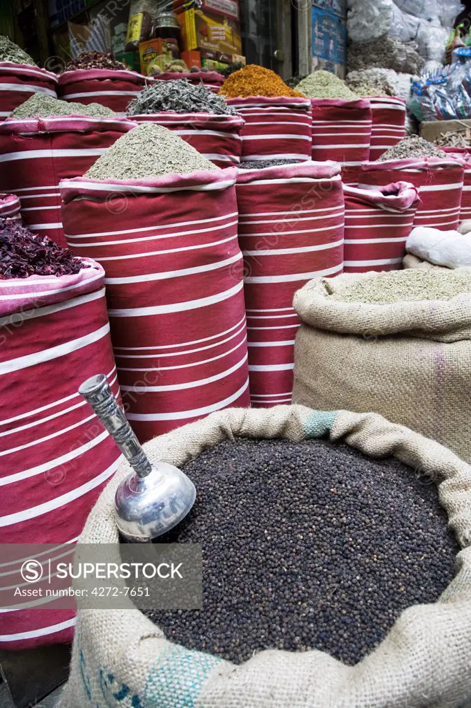 Spices for sale in the Souq al-Attarin in Islamic Cairo, Egypt.