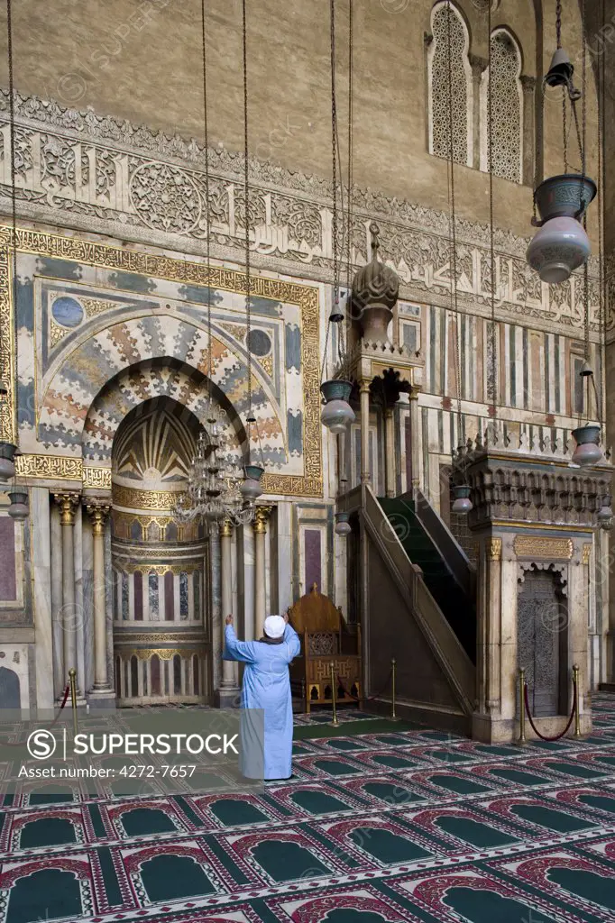 The minbar and mirhab of Sultan Hassan Mosque, completed in 1362, one of the most impressive mosques in Cairo, Egypt .