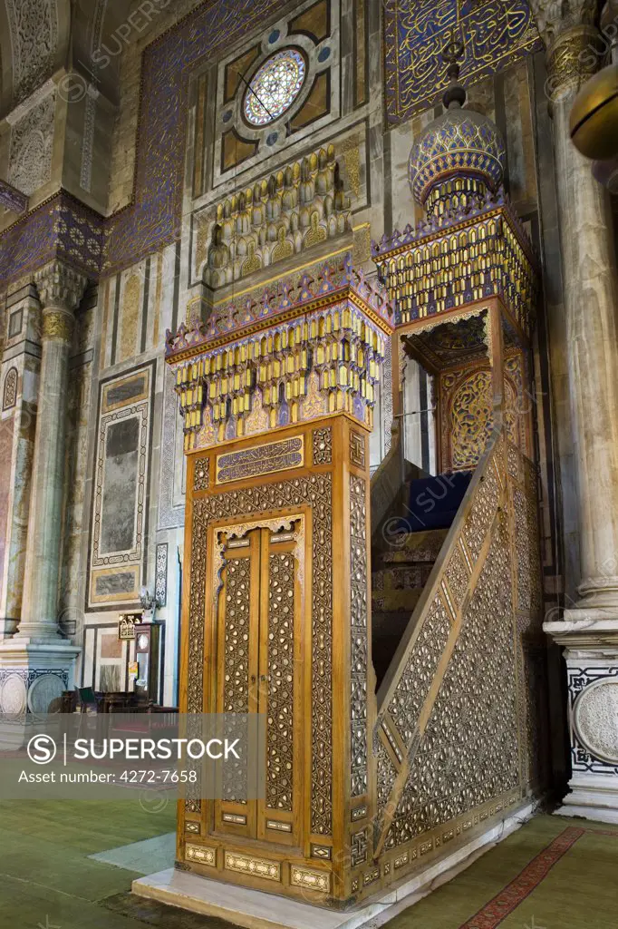 The minbar of the Al Rifai mosque in Islamic Cairo, finished in 1912. The mosque houses the tombs of Egypt's last king, Farouk, and the last Shah of Iran.