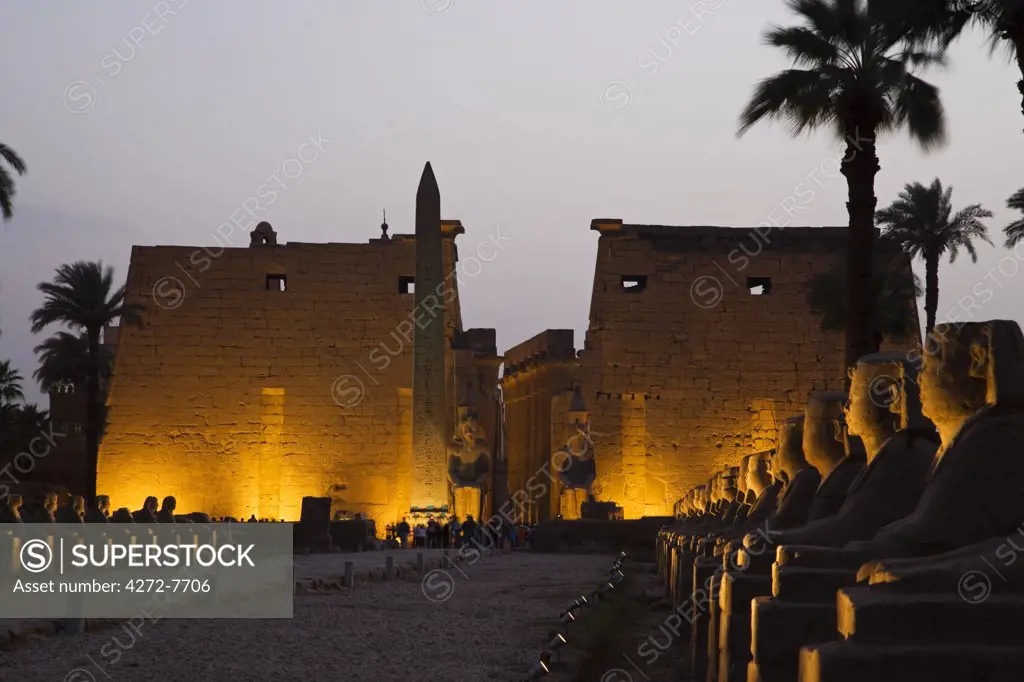 Luxor Temple illuminated at night. The obelisk is one of a pair, the other stands in the Place de la Concorde, Paris.