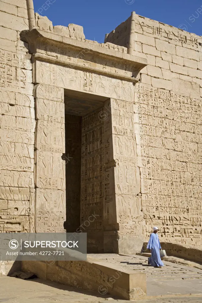 A colossal doorway through the second pylon of Ramses III's mortuary temple at Medinet Habu, Luxor, Egypt