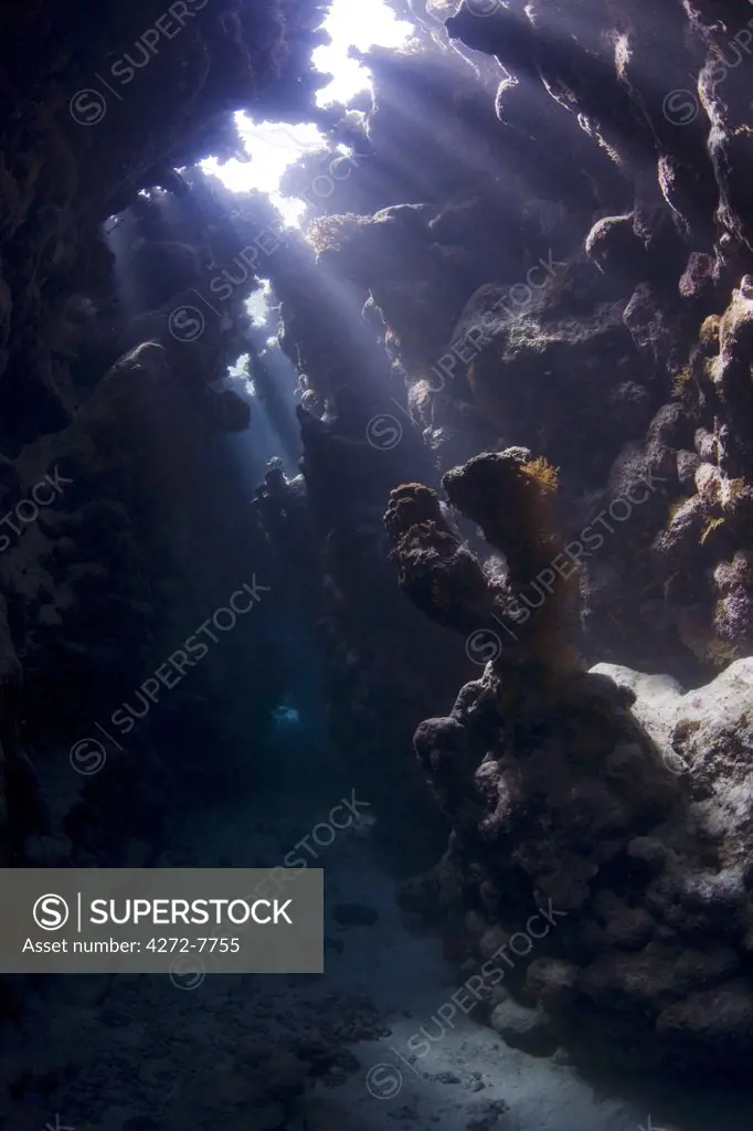 Egypt, Red Sea. Shafts of sunlight penetrate the gloom in an underwater cave system at St. John's Reef, Red Sea.