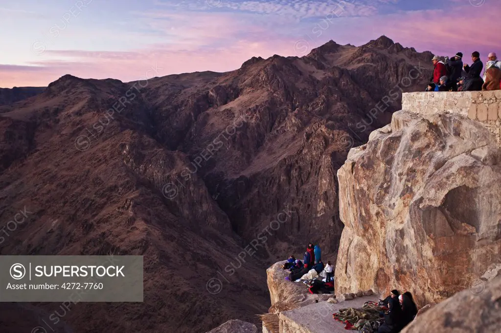 Egypt, Janub SIna, Uqrat Safah, Mount Sinai, pilgrims watch the sunrise from the top of Mount Sinai