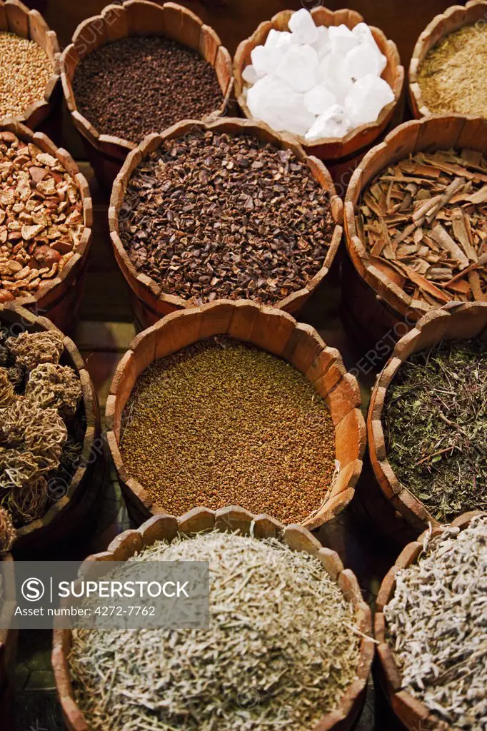 Egypt, Sinai Peninsula, Bur Said, Dhahab, spices for sale at street market.