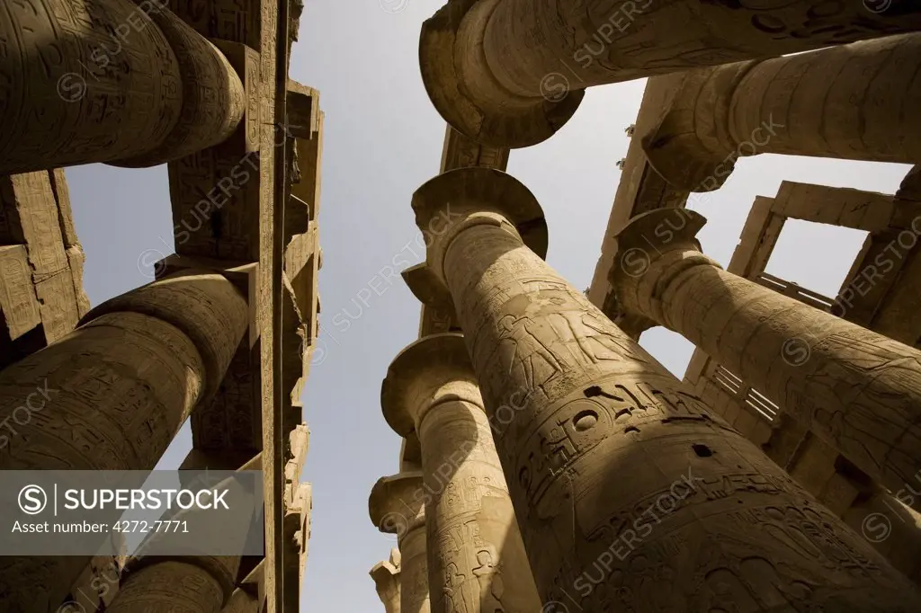 Egypt, Karnak. Looking up at the massive columns in the Great Hypostyle Hall at Karnak.