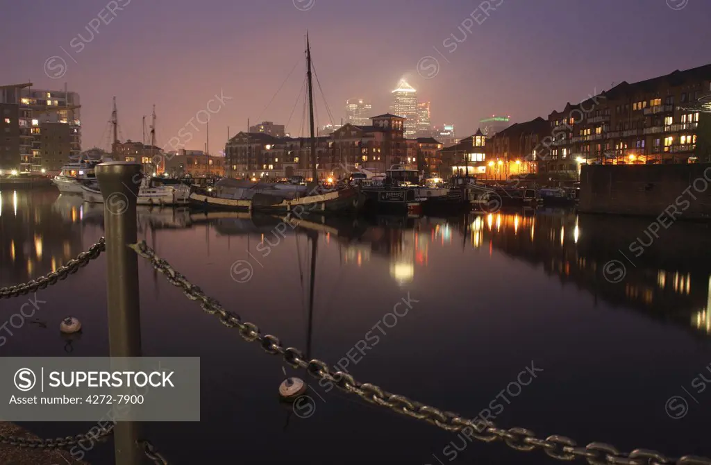 UK, England, London. The Limehouse Basin in London on a foggy day.