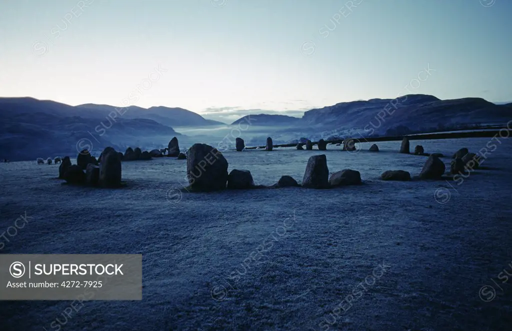 Castlerigg Stone Circle on a frosty dawn. One of the oldest stone circles in Britain it is dated to approximately 3400 B.C. Stone Circles are some of the earliest large man  made monuments on earth. Used for solstice festivals they were also places where trading of stone axe heads and animal skins took place.