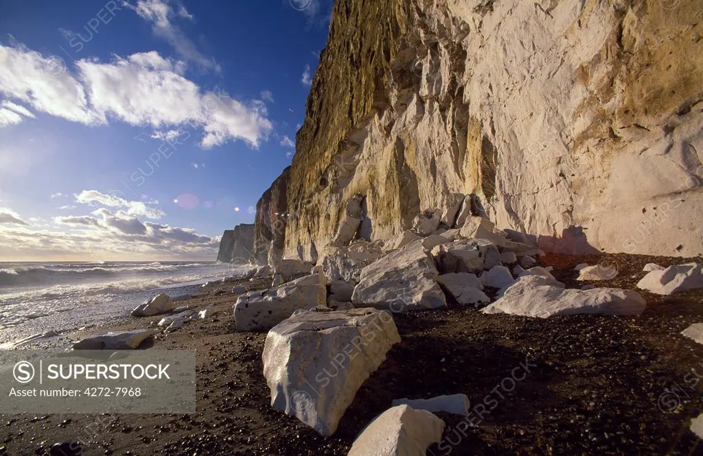 Chalk cliffs along the dramatic coastal landscape at Newhaven. The soft chalk that makes up the cliffs along this coast erodes fast, and blocks of fallen chalk can be seen in the foreground.