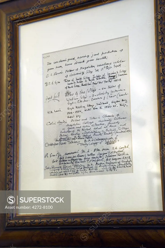 A paper signed by The Inklings in The Eagle and Child pub in Oxford. During the 1950s and 1960s, CS Lewis and JRR Tolkein would meet here, along with their circle of literary friends known as The Inklings to read and discuss their latest work, including the Chronincles of Narnia and The Lord of the Rings.