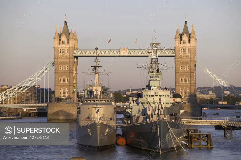 HMS Belfast, a WW2 battleship now converted into a floating museum, is moored on the Thames near Tower Bridge.