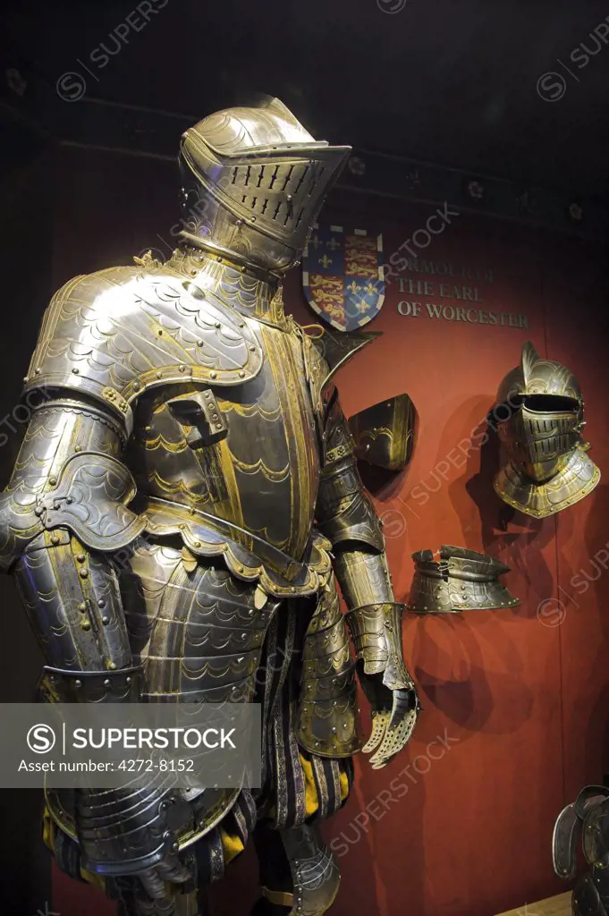 A suit of medieval armour on display inside the Tower of London.