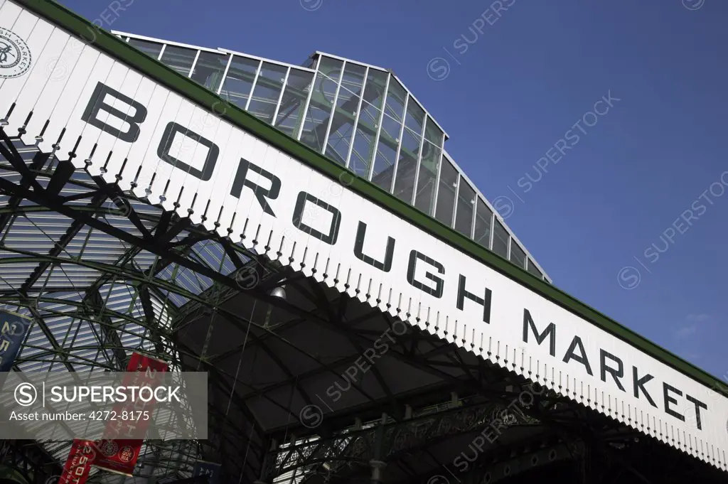 The entrance to Borough Market on Stoney Street. Records of the market go back as far as AD1014, and it has been trading from its present site since 1756 making it the oldest wholesale fruit and vegetable market in London.