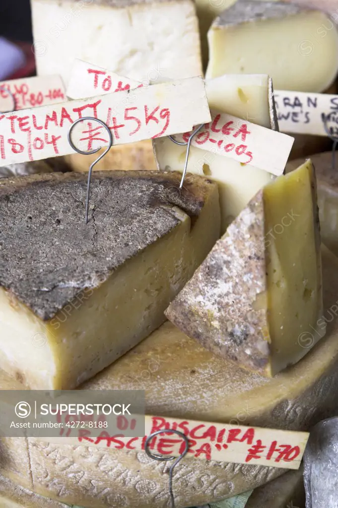 Traditional cheese for sale in Borough Market. Records of the market go back as far as AD1014, and it has been trading from its present site since 1756 making it the oldest wholesale fruit and vegetable market in London.